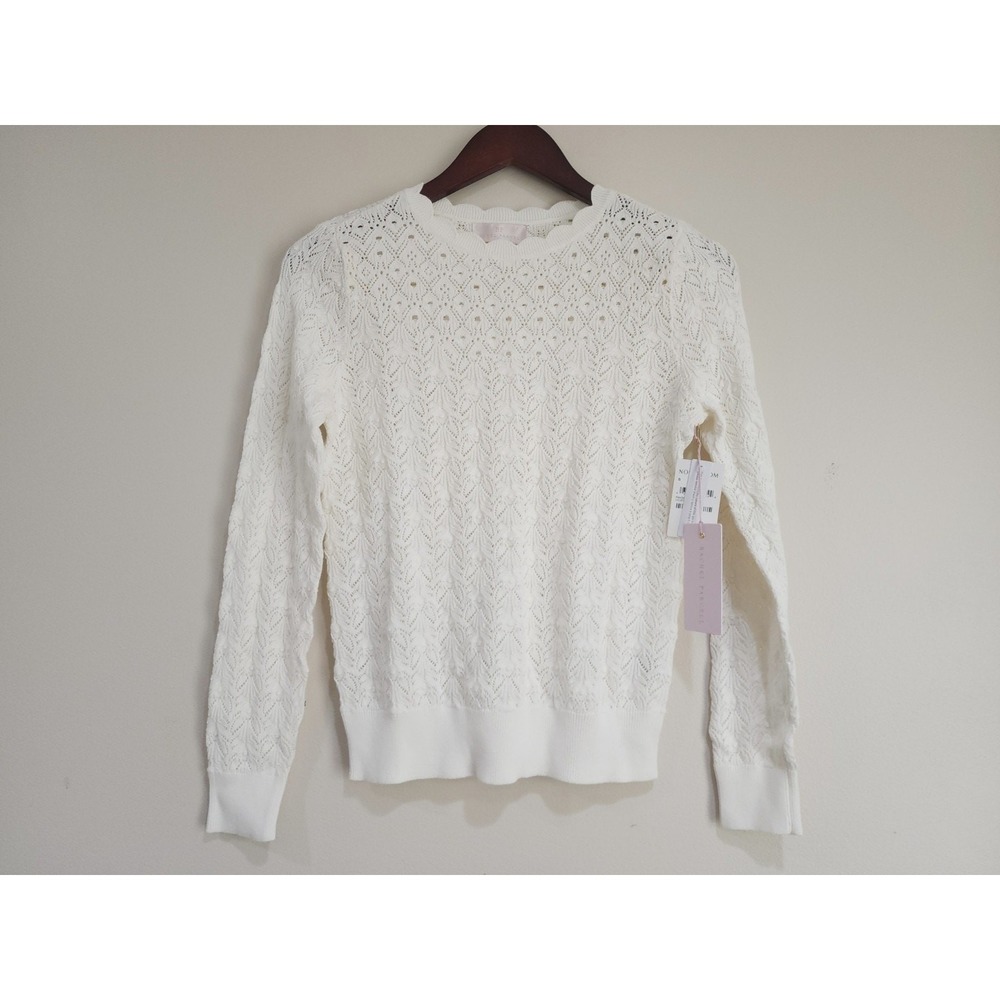 Rachel Parcell Pointelle Sweater Womens Small Cream Tight Knit Scalloped Neck